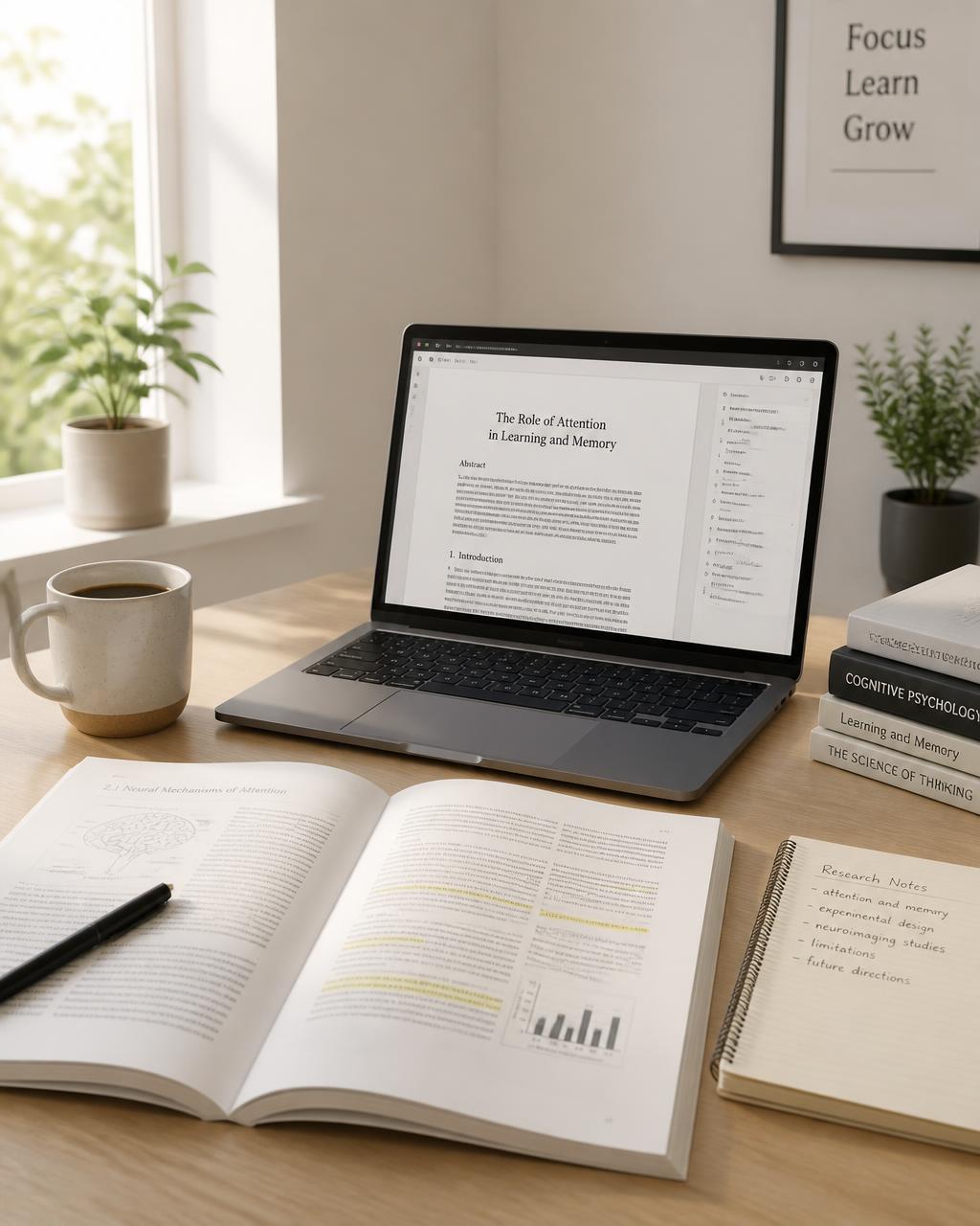 Workspace minimalis dengan laptop, kertas penelitian, dan cangkir kopi di bawah cahaya pagi